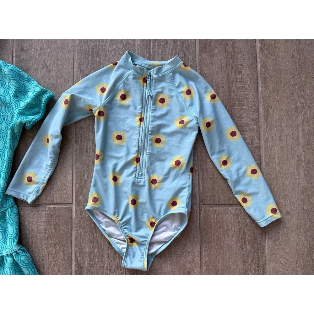 Girls Swim Set One Piece Rash Guard Modest 6/7 Sunflower Suit Cover Up 7/8 Long